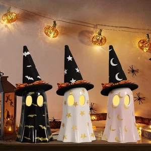 Halloween Decor Indoor, Set of 3 Ceramic Ghosts with Witch Hats, Cute Spooky ... - Picture 1 of 7