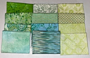 12 COTTON QUILT FABRIC FAT QUARTERS, ASSORTMENT OF GREEN SHADES & PRINTS - Picture 1 of 6
