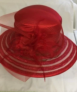 Ladies Red Straw Hat with a Netting Bow & Red Feathers Satin Crown 22 1/2 IN - Picture 1 of 8