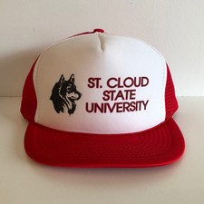 Vtg 1980s St. Cloud State Huskies Red Mesh Snapback Trucker Hat Cap