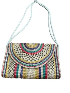 Vintage Straw Purse Rainbow Striped Shoulder Bag Colorful - Picture 1 of 14