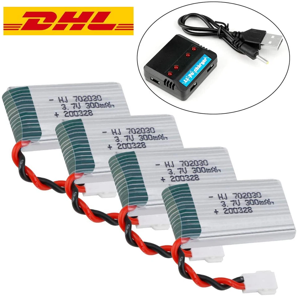 MARKENLOS 4 stk 300mAh 3,7V Lipo Batterie Akku XH2.54 Stecker Ladegerät für RC FPV Drohne