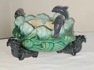 Whimsical Footed Planter Bowl Dolphins Jumping Waves & 3 Dragons as Feet Asian - Picture 1 of 7