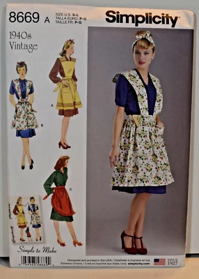 Simplicity 1940s Vintage Sewing Pattern Womens S-L Apron 8669 Uncut Reproduction - Image 1 of 4