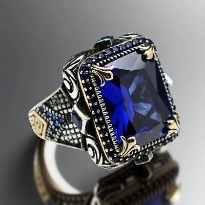 Anillo de plata de ley 925 para hombre con circón azul joyería turca talla 7-14 EE. UU. Foto 1 de 4