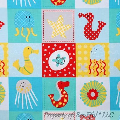 BonEful Fabric FQ Cotton Quilt Aqua Blue Star Jelly Fish Octopus Sea Horse Check - Image 1 of 4