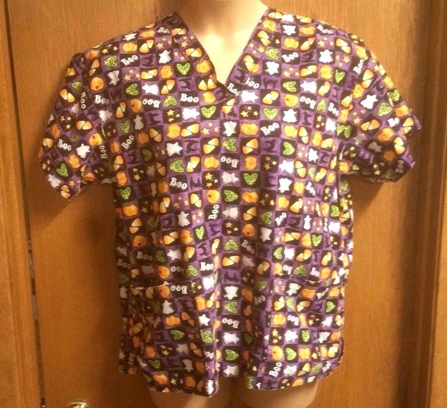 Blusa Médica Enfermera Talla S Púrpura Negra Halloween Calabazas Fantasmas Mujeres Melocotones Foto 1 de 2