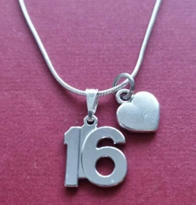 16th Necklace heart gift Silver Plated for Number 16 Birthday Anniversary Charm - Picture 1 of 5