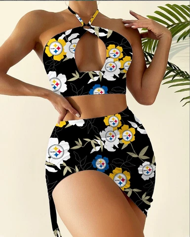 Pittsburgh Steelers 2pcs Halter Neck Bikini Set Cutout Swimsuit Sexy Bodycon Cover