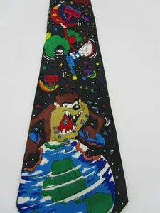 Looney Tunes Savor The Planets Black Silk NeckTie Martian & Taz Destroying Earth - Picture 1 of 4