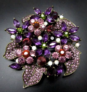 JOAN RIVERS FANTASY FLORAL PURPLE OPAL PINK LG SWARVOSKI CRYSTAL BROOCH PENDANT - Picture 1 of 11