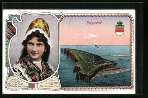 Passepartout-AK Helgoland, Inselpanorama, Wappen und Dame in Tracht 1916  - Picture 1 of 2