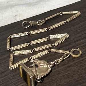 Vintage Gold Fill Horse w/Reins Tiger Eye Base Watch Fob Gold Fill Chain Stamped - Picture 1 of 13