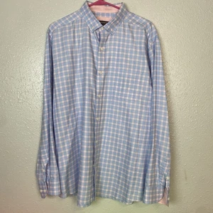 Johnston & Murphy Button Up Shirt Men's Blue Pink Preppy Plaid Flip Cuff XL - Picture 1 of 13