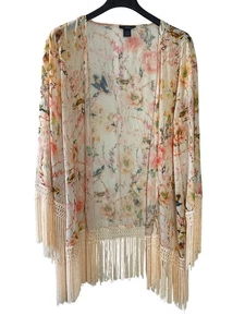 Rogue F. Kimono Strickjacke Blumen Vogelmuster Fransen Größe 1XL transparent - Bild 1 von 8