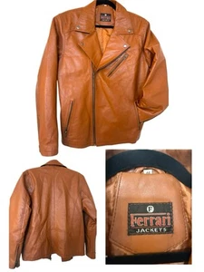 Vintage Retro Ferrari 100 Leather Biker Moto Jacket Size 46 Orange Brown Leather - Picture 1 of 18