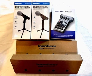 Podcast Kit. 3 Samson Q2U Dynamic Mics, Zoom Podtrak P4, 3 InnoGear Mic Arms. - Picture 1 of 18