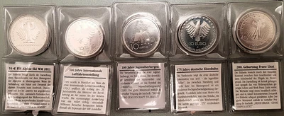Fünf  10Euro Silbermünzen a`18g, 4x925er Silber, 1x625er Silber, ST, Zertifikate - Bild 1 von 2