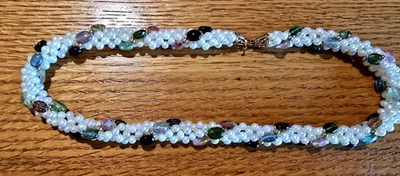 14K Gold, Cultured Pearls and Tourmaline Woven Necklace - Image 1 of 4