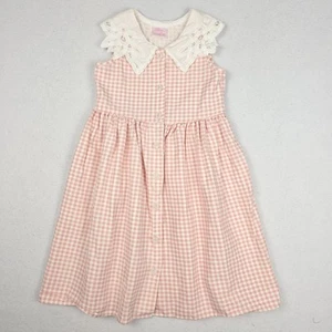 Vintage Allison Rose Girls Sz 6 Pink White Gingham Dress Battenberg Lace Cotton - Picture 1 of 17