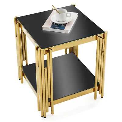 20" Square End Side Table W/Black Tempered Glass Top Golden Stainless Steel Legs - Image 1 of 4