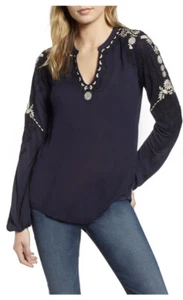 Lucky Brand Womens NWT Long Embroidered Sleeve Peasant Top Navy Small - Picture 1 of 5