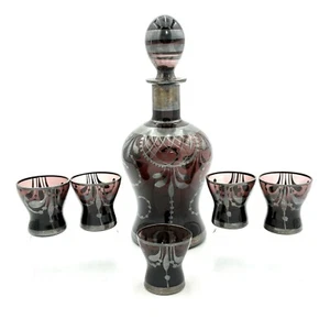 Antiguo juego de jarra veneciana de cristal de Murano con superposición de plata 5 vasos años 20 Italia - Imagen 1 de 17