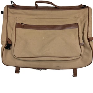 #0069 Vintage 90's Ford Eddie Bauer Khaki Canvas Leather Garment Bag Luggage - Picture 1 of 3