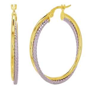 Italian 14k Two-Tone Gold Rope & Plain Entwined Hollow Hoop Earrings 1.2" 1.9g - Picture 1 of 4