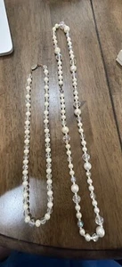Two Faux Pearl Clear Beaded Necklaces Vintage Long Faceted MCM Lot Classic - Picture 1 of 8