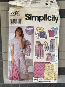 Used Simplicity 5522 Girls Pants Bag Slippers Blanket Top Sz 8 to 16 Pattern - Picture 1 of 2