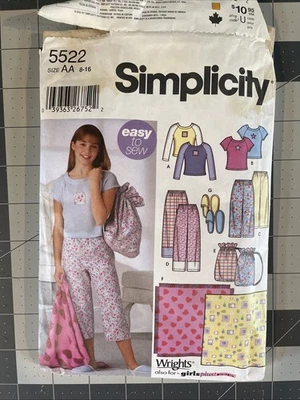 Used Simplicity 5522 Girls Pants Bag Slippers Blanket Top Sz 8 to 16 Pattern - Image 1 of 2