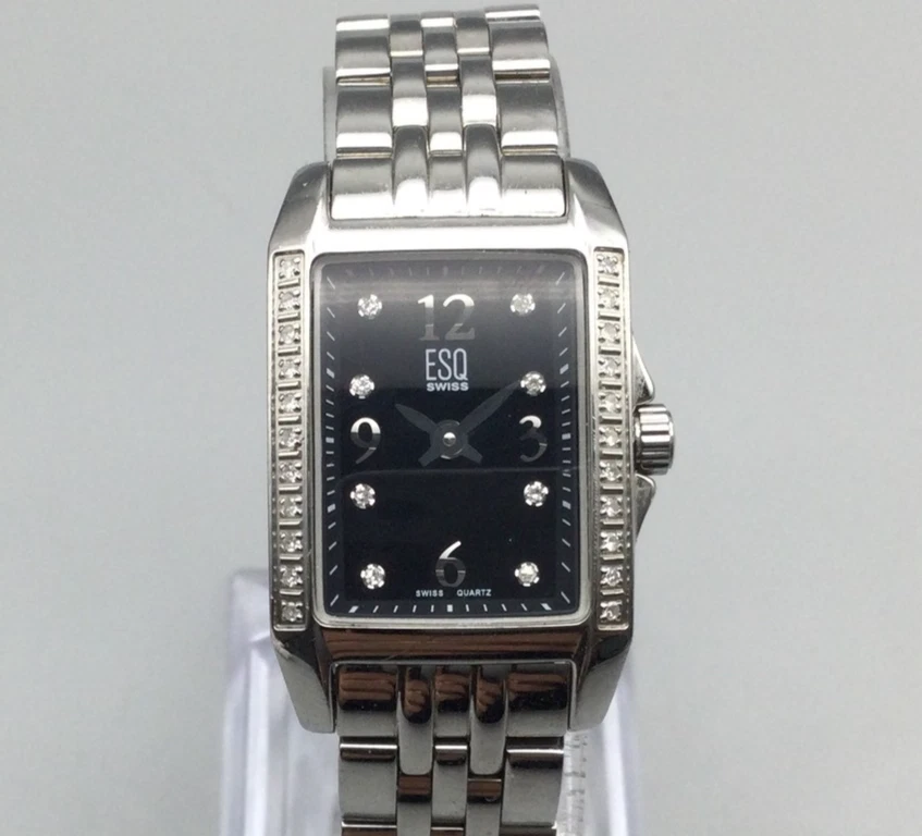 Reloj tanque suizo ESQ Movado diamante para mujer 20 mm esfera negra batería nueva 6,25" Foto 1 de 4