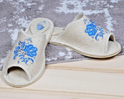 Zapatillas para mujer de fieltro ruso con flores azules 100 % lana de oveja cálidas acogedoras no resbaladizas Foto 1 de 3