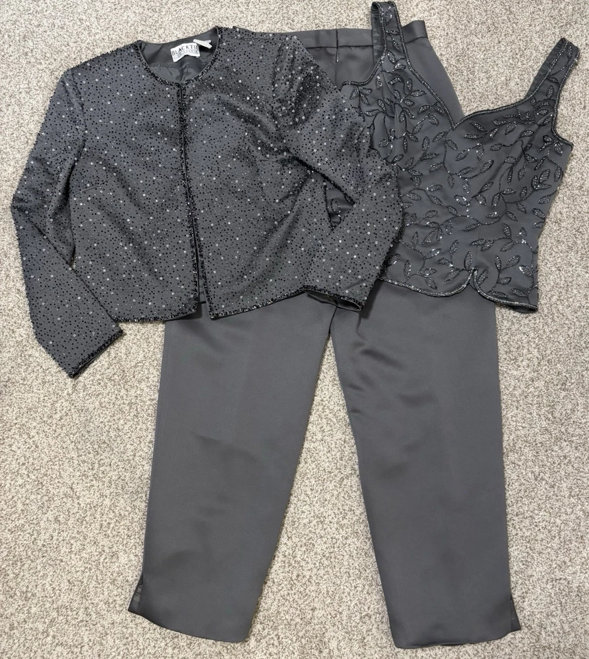 Conjunto de 3 piezas Oleg Cassini Blacktie gris traje con cuentas lentejuelas traje formal pequeño 8 Foto 1 de 4