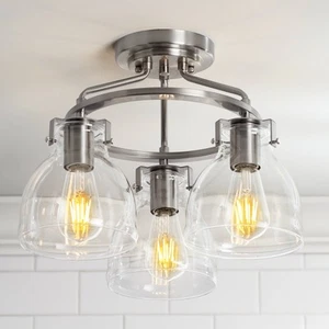 Bellis Modern Ceiling Light Semi Flush Mount Fixture 14.5" Nickel 3-Light Glass - Picture 1 of 8