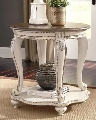 French Country Two Tone Round End Table Chipped White Whitewash Distressed Wood - Image 1 of 4