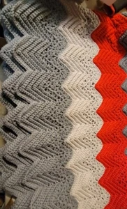 Vintage Afghan Chevron Crochet Blanket 78x55 Throw Red & Gray And Light Gary Zig - Picture 1 of 4