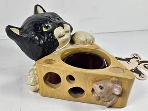 1996 Figi Graphics Whittle Cats Votive Holder/Tuxedo Cat/Mouse/Cheese /New w/Tag - Picture 1 of 14