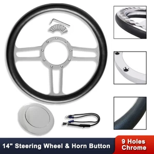 14" Chrome Billet Aluminum Tri Spoke Steering Wheel 9 Holes & Smooth Horn Button - Picture 1 of 6
