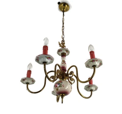 Люстра Италии итальянский фарфор розовый цветы модернистский винтажный 5 рук 5 света - Изображение 1 из 4