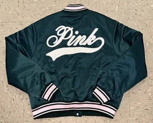 VICTORIA'S SECRET PINK GREEN SATIN EMBROIDERED VARSITY BUTTON UP JACKET L NWT - Picture 1 of 3