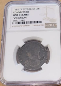 1787 Connecticut Copper, DRAPED BUST LEFT NGC FINE DETAILS CORROSIIN - Picture 1 of 3