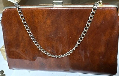 VTG 70s 80s Era Retro Brown Vinyl Pleather Clutch Gold Accents Retro Bag Purse - Image 1 of 4