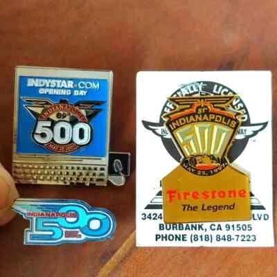 Lot of 3 Indy 500 Lapel Pins 2012 Firestone 1997 Indystar 2005 - Image 1 of 4