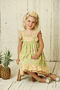 NEW NWT Mustard Pie Lemon Green Pink Ruffled Boutique Dress & Headband Size 24M - Picture 1 of 2