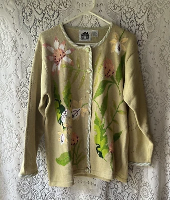 Cárdigan Suéter Tejido Libro de Cuentos Grandes Flores Bordado Cuentas Beige Foto 1 de 4