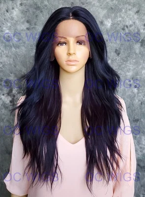 Long Wavy Heat OK Human Hair Blend 蕾丝前假发黑色/蓝色/绿色/紫色 EVEX — 第 1/4 张图片