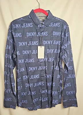 NWT DKNY Men's Blue Long Sleeve Collared Stretch All Over Button Front Shirt M - Image 1 of 4