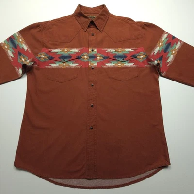 Camisa De Colección Rustler By Wrangler Hombres Grande Marrón Ladrillo Azteca Años 90 Perla A Presión Occidental Foto 1 de 4